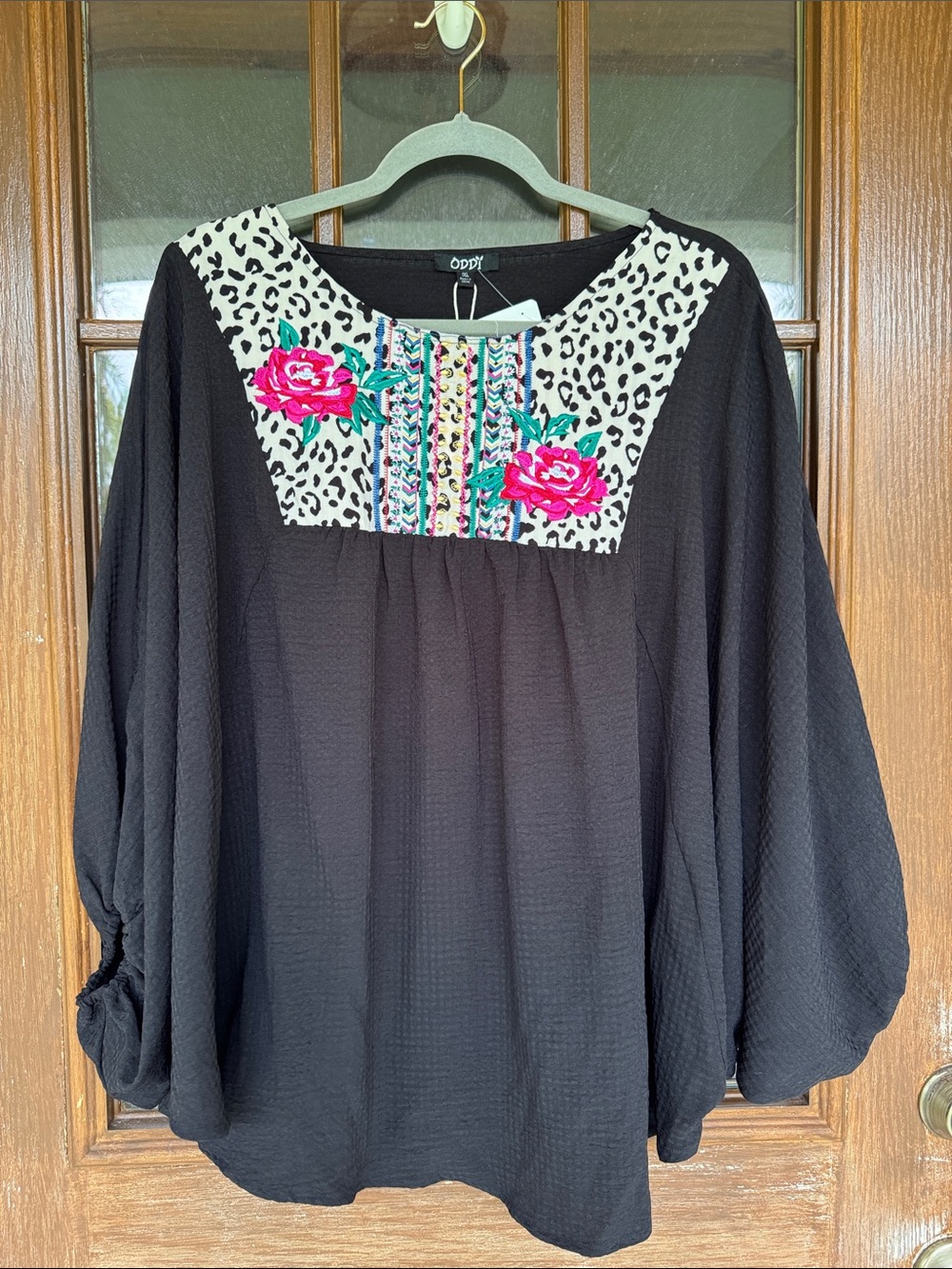 ODDY Black Tunic with Leopard Yoke and Pink Rose Embroidery